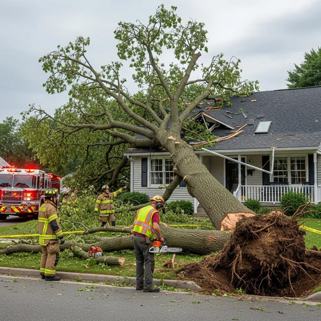 Fallen tree on a house with emergency responders assessing damage and using chainsaws for tree removal.
