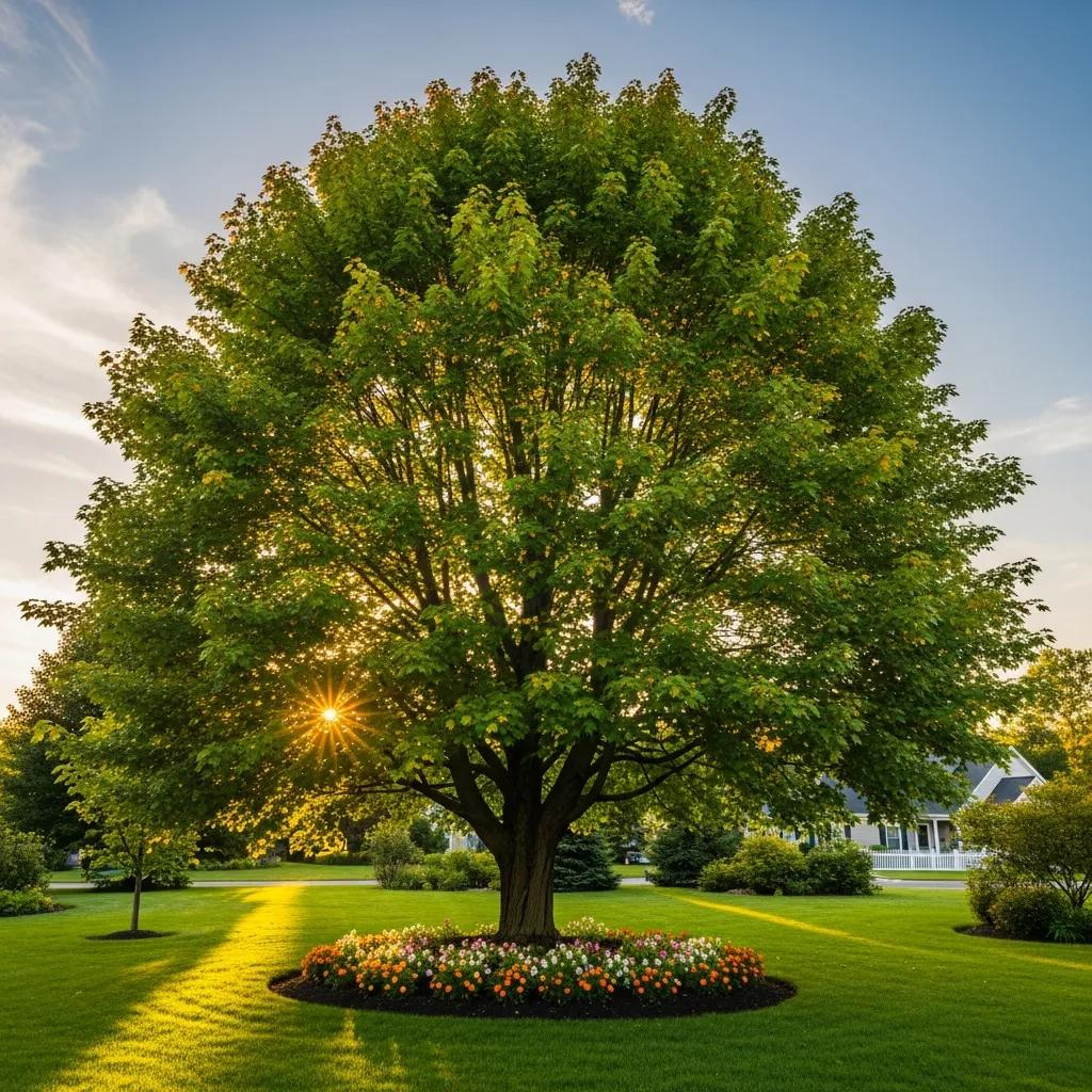 Healthy tree in residential yard with vibrant flowers, showcasing the beauty and value of trees in property landscaping.