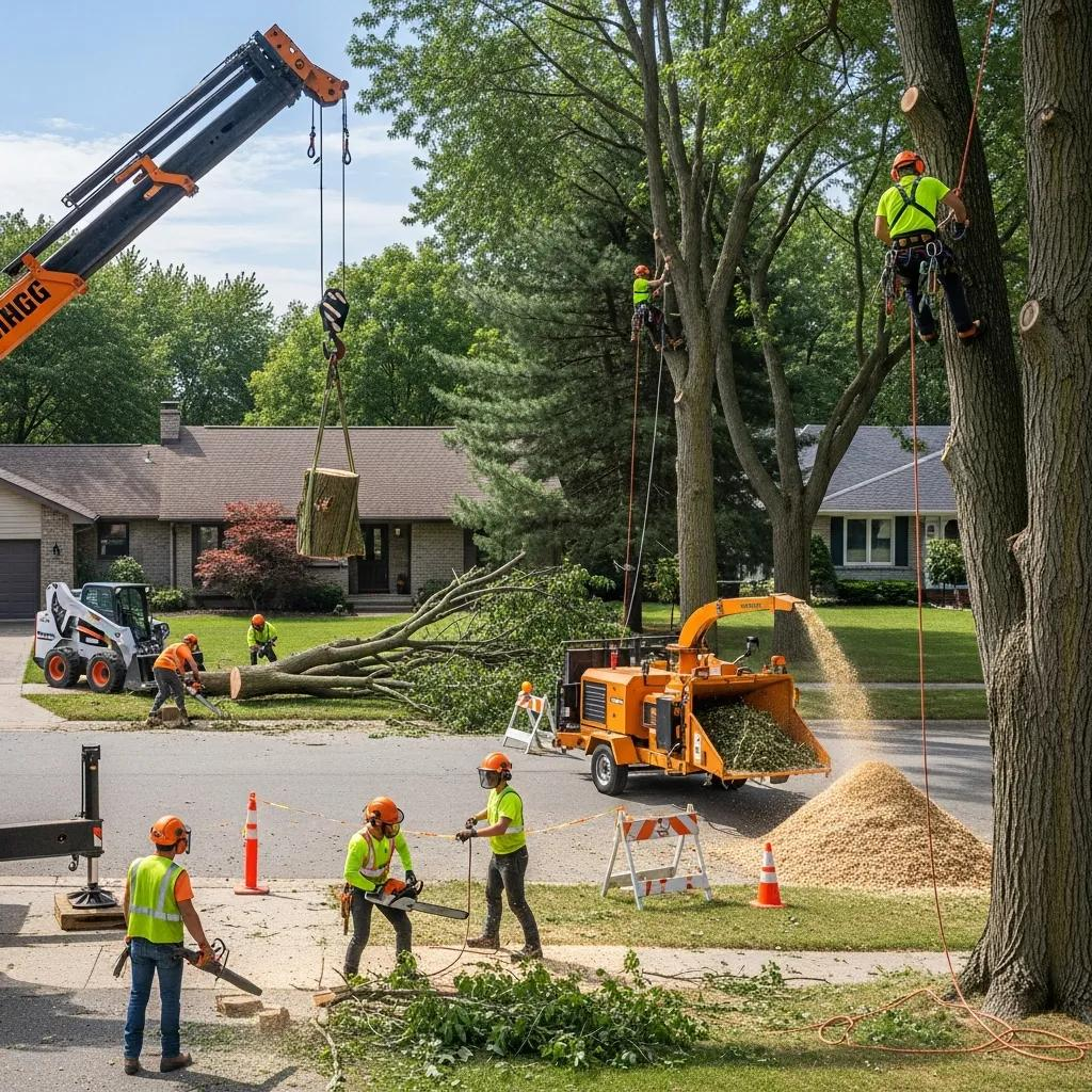 Tree removal team in Apex, NC, using cranes and chippers for safe extraction, showcasing teamwork and safety in residential area.