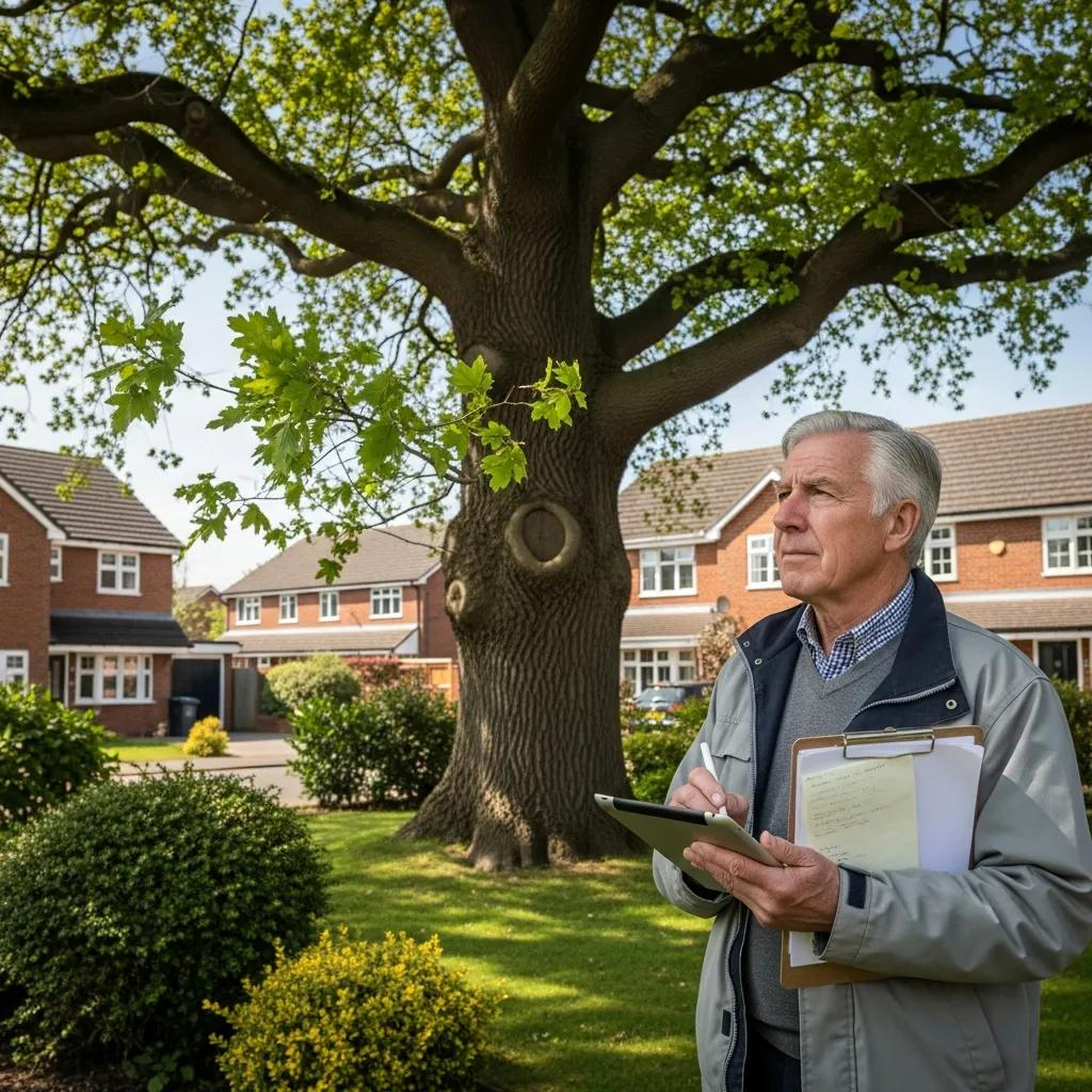 Landlord inspecting large tree in residential area, emphasizing tree care obligations and liability risks for rental properties.