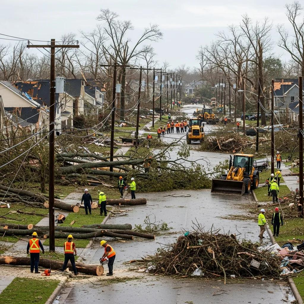 Emergency crews clearing fallen trees and debris after hurricane damage, with workers in safety gear, heavy machinery, and damaged homes in the background.