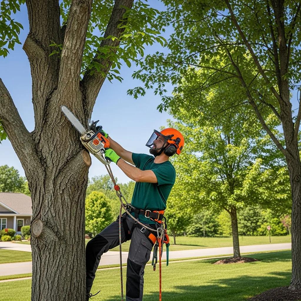 Professional arborist using a chainsaw for tree care in a residential landscape, showcasing safety gear and tree maintenance techniques.