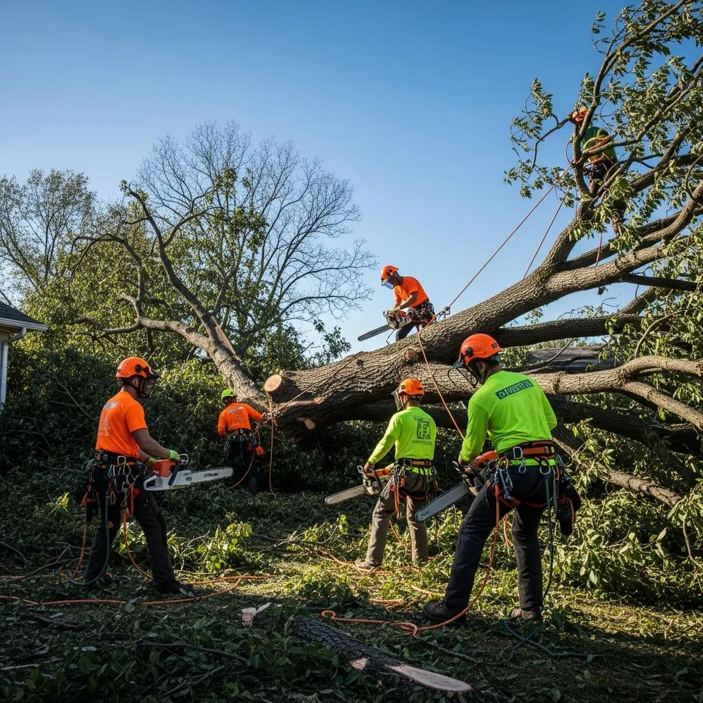 Professional arborists performing emergency tree removal, cutting a fallen tree after a storm, showcasing safety and efficiency in storm damage response.