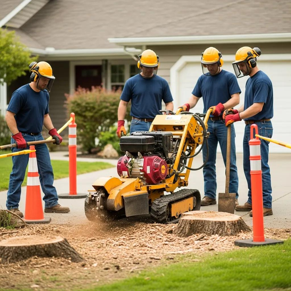 Professional stump grinding crew implementing safety measures, wearing PPE, and operating machinery in residential area with safety cones and marked exclusion zones.