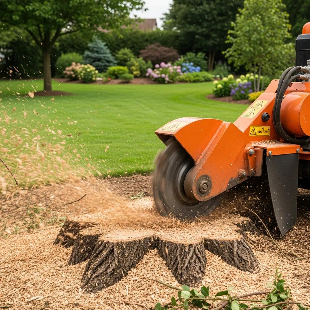 Professional stump grinding machine in action, reducing a tree stump in a landscaped yard, with wood chips flying and green plants in the background, illustrating effective stump removal for landscape restoration.