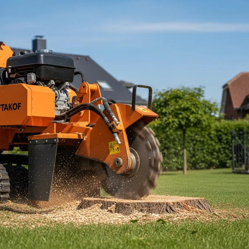 Professional stump grinding machine in action, removing tree stump, producing wood chips and dust, showcasing stump removal process for property enhancement.