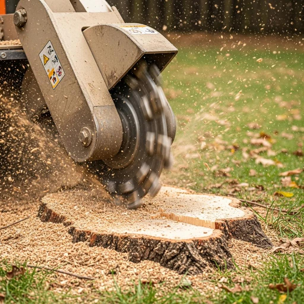 Professional stump grinding machine in action, removing a tree stump in Wake Forest, NC, showcasing efficient grinding process and wood chips flying.