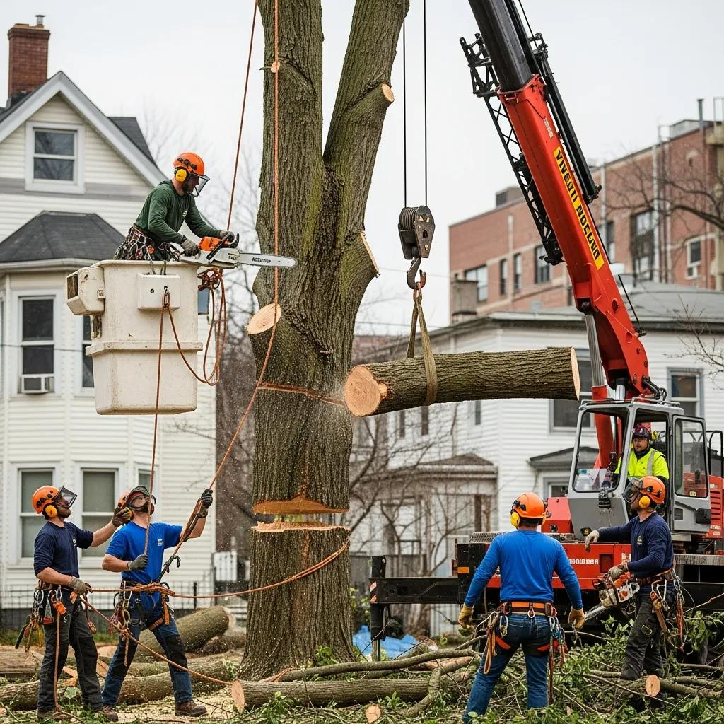 Professional tree removal crew using chainsaws and cranes in an urban setting, demonstrating safe and coordinated tree cutting operations.