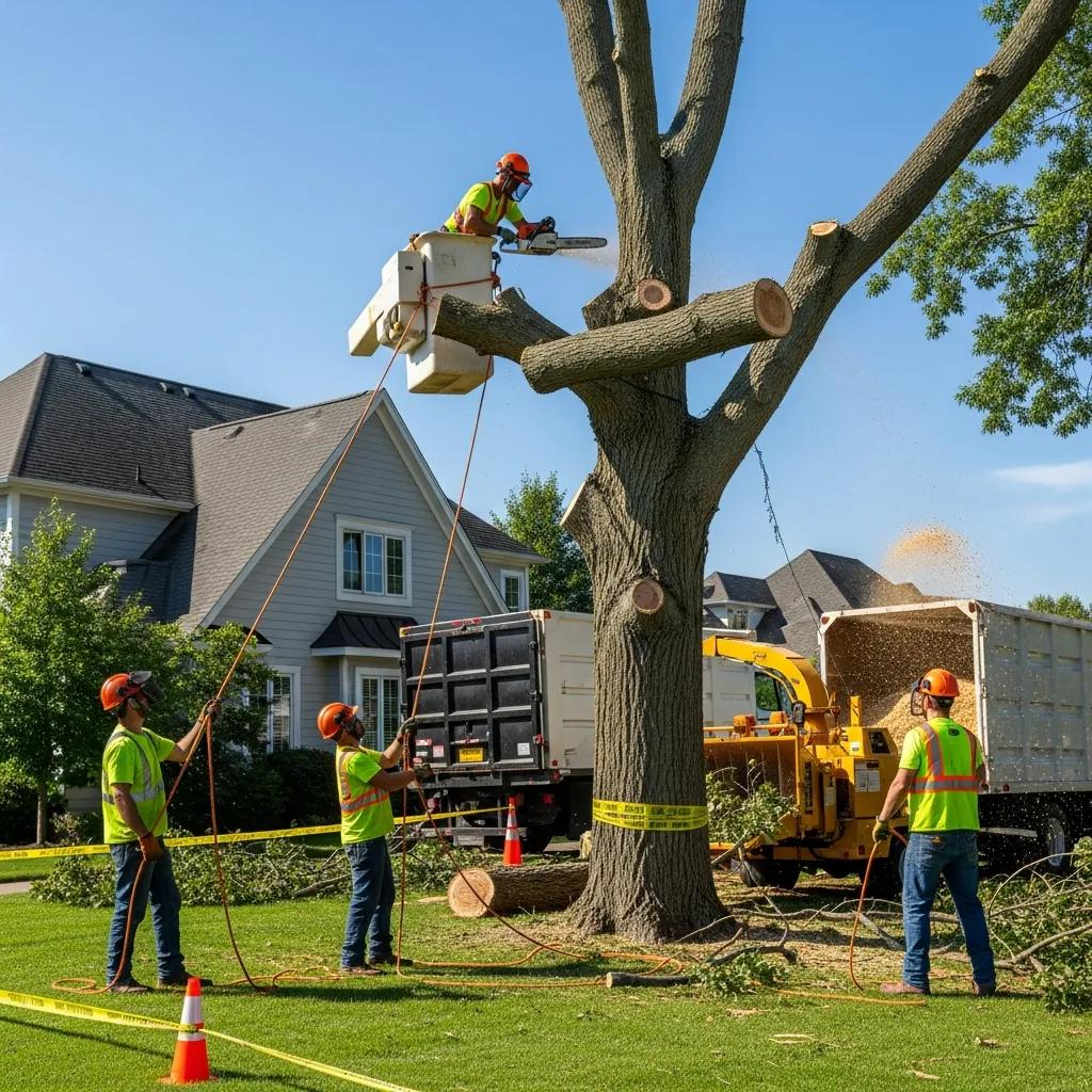 Professional tree service crew removing a large tree in a residential area, highlighting teamwork and safety measures, with equipment and a truck in the background.
