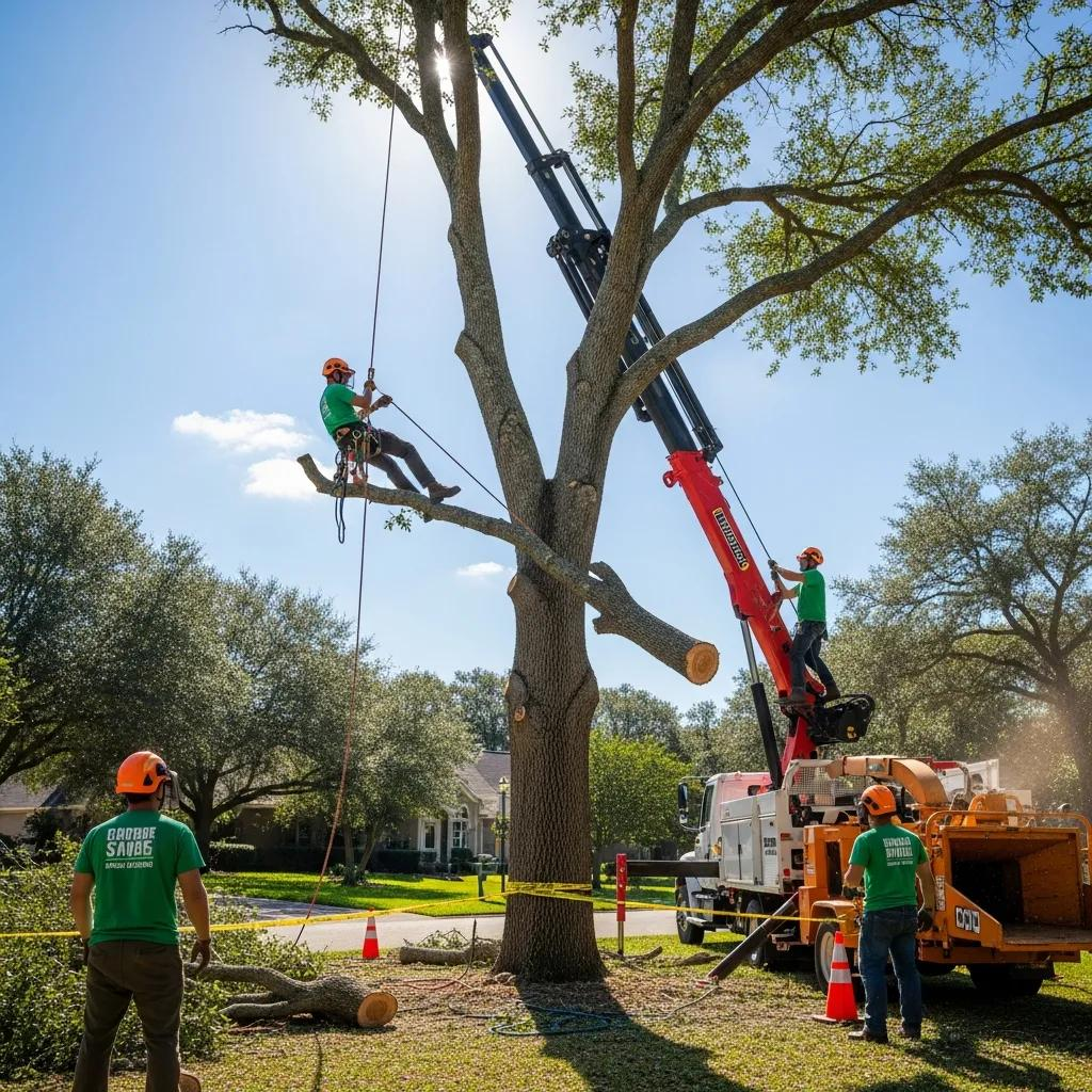 Professional tree service crew removing a large tree in Wake Forest, NC, showcasing teamwork and modern equipment, with arborists in safety gear and a crane.