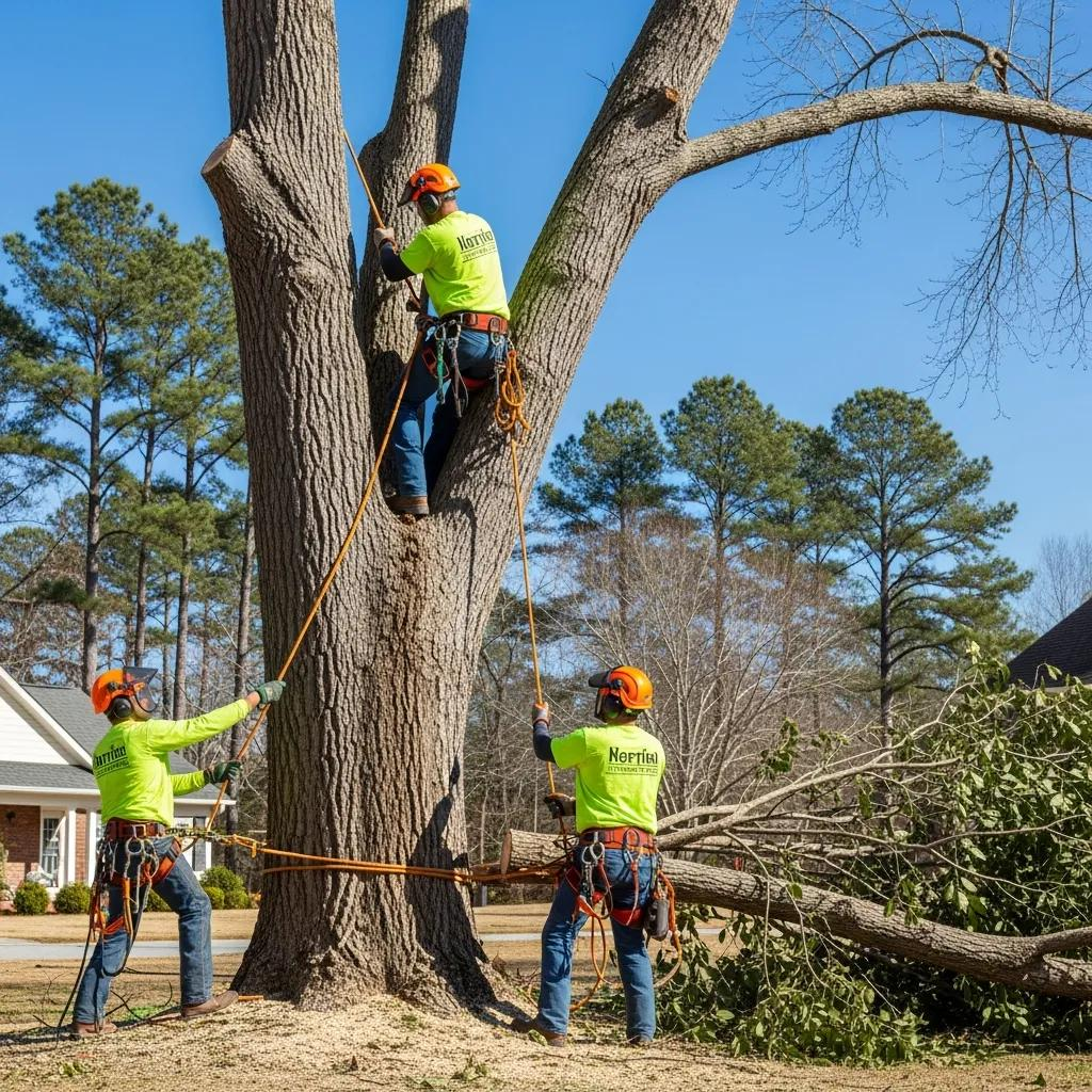 Professional tree service team performing tree removal in Apex, NC, showcasing safety and expertise with climbing gear and ropes.