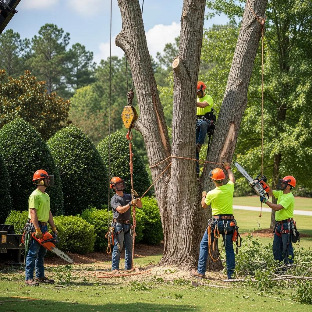 Professional tree service team removing a large tree in Cary, NC, showcasing safety and expertise with equipment and techniques for effective tree removal.
