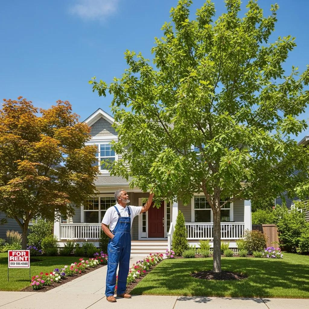Landlord inspecting healthy trees in front of rental property, emphasizing tree care responsibilities for tenants and property management.
