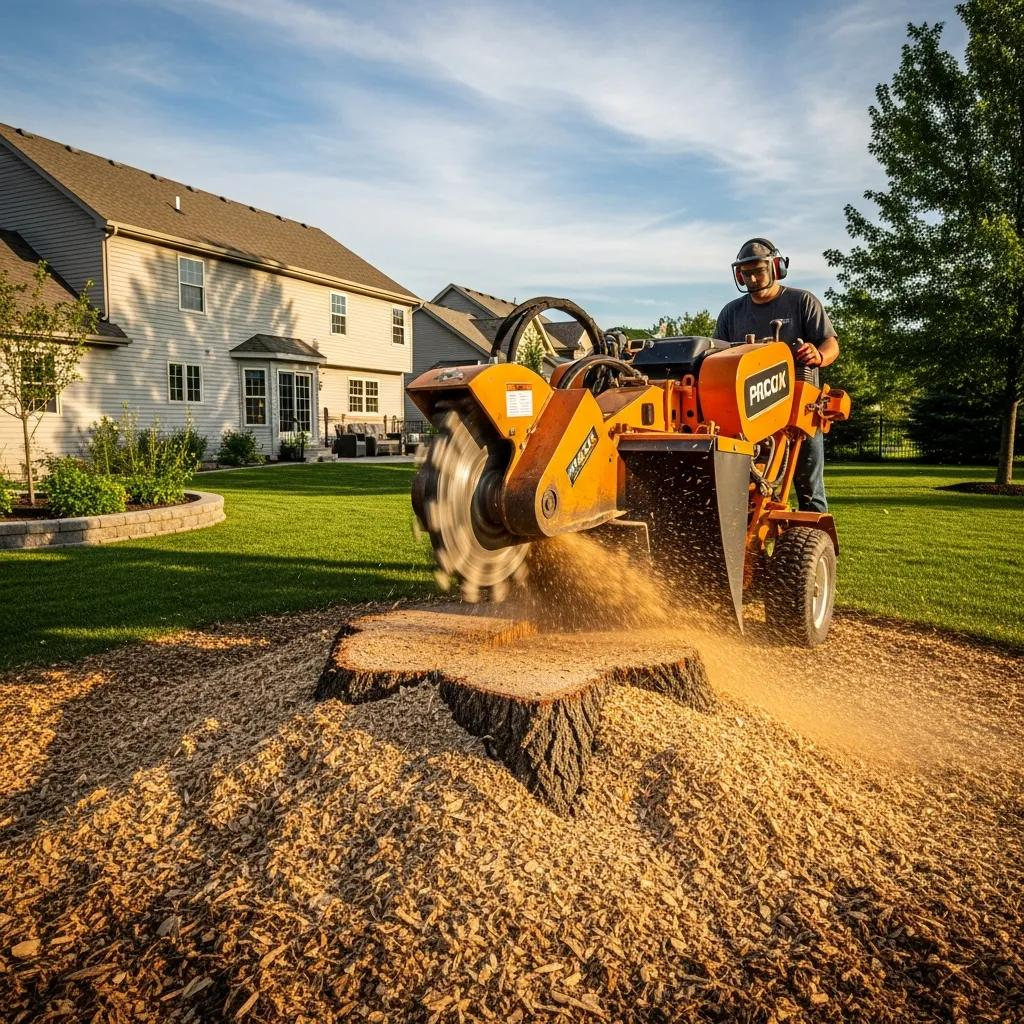 Stump grinding machine efficiently removing a tree stump in a residential yard, with mulch being produced, showcasing landscape restoration efforts.