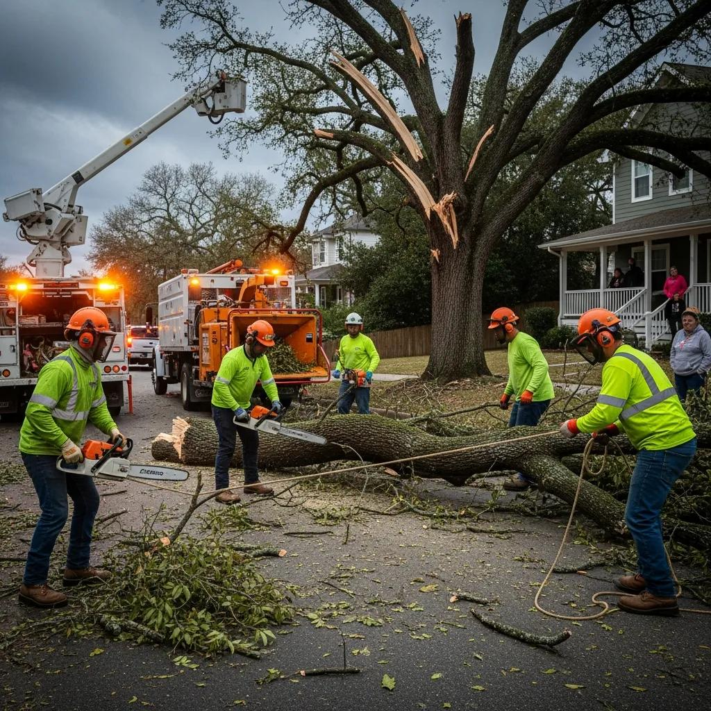 Emergency tree service crew removing storm-damaged tree limbs and debris in residential area, showcasing rapid response and community safety efforts.