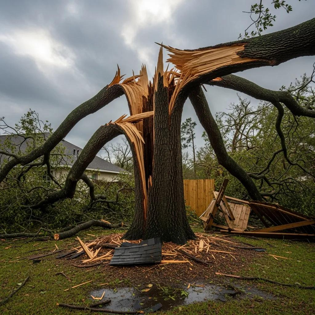 &Aacute;rbol da&ntilde;ado por tormenta con tronco roto y ramas ca&iacute;das, ilustrando la necesidad de remoci&oacute;n de emergencia tras condiciones clim&aacute;ticas severas.